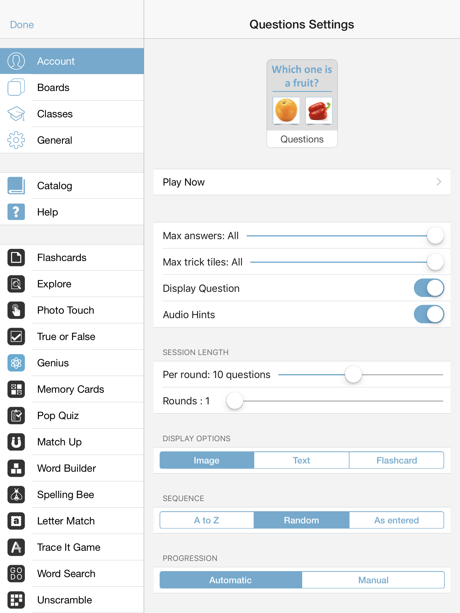 How to setup the Questions game? — Bitsboard | Flashcards & Mini-Games for Personalized Learning Screenshot